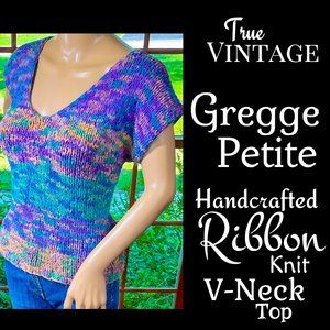 ⭐️HP⭐VTG▪️GREGGE PETITE▪️1980's Retro Pastels Handcrafted Ribbon Knit V-Neck Top
